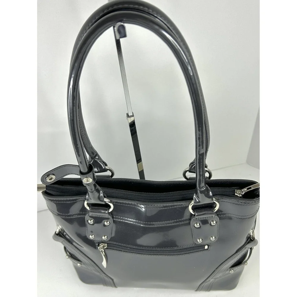 Beijo Classic Handbag Charcoal Patent Faux Leather Satchel‎ Top Handle Purse EUC